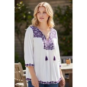 Lucky Brand Embroidered Tunic Top Size 2X Peasant Boho Stretchy Knit Boho